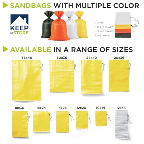 Heavy Duty Sand Bags Pack of 12, Bright Yellow Empty Sandbags with Built-In Ties, Woven Polypropylene UV Protection 1600 Hours, Fillable Bags for Flood Control, Weight, 18x24 inches, 60 Pounds Volume - size: 18"W x 24"L, style: Pack of 12