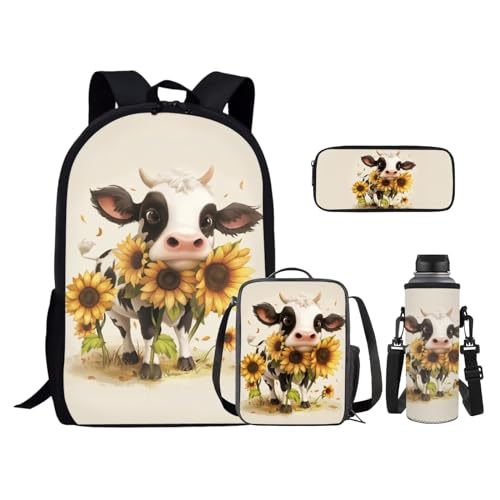 Cartoon Cow Sunflower Bookbag for Girls Boys Elementary Middle School Backpack with Lunch Box Pencil Case Water Bottle Holder Trendy School Bag 4 in 1 for Kids Back to School Supplies - color: Cartoon Cow Sunflower