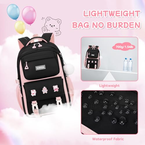Girls Backpack, Kids Backpack for Girls with Anti-theft Back Pocket, Lightweight School Back pack, Watrer Resistant, Bookbag for Elementary Primary School, Black Pink - color: Black Pink