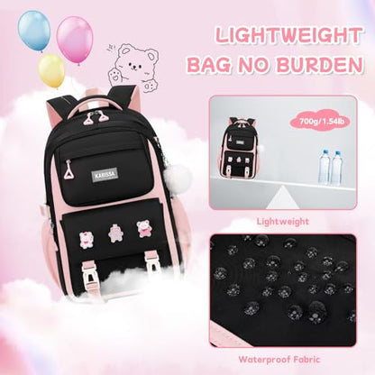 PIG PIG GIRL Girls Backpack, Kids Backpack for Girls with Anti-theft Back Pocket, Lightweight School Backpacks, Watrer Resistant, Bookbag for Elementary Primary School, Black Pink,3pcs - color: Black Pink 3pcs