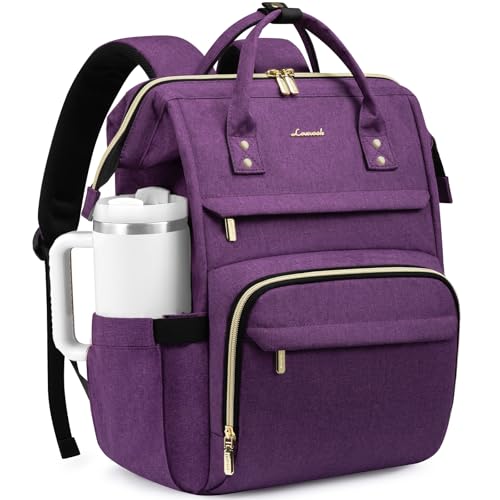 LOVEVOOK Laptop Backpack for Women with Giant Tumbler Holder Pocket,15.6 inch Waterproof Travel Backpack Purse Computer Laptop Bag,Professional Work College Nurse Teacher Backpack Daypack,Dark Purple - color: Dark Purple, size: 15.6-Cup