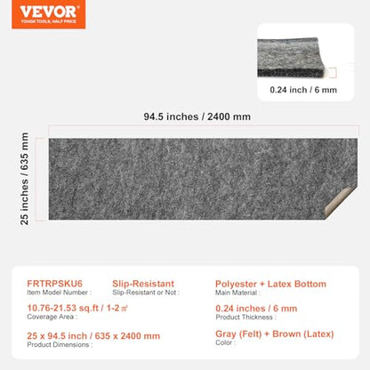 VEVOR 2' x 8' Non-Slip Rug Pad Gripper - 1/4" Thick Polyester Felt & Latex Backing Padding Cushion for Area Carpet Runner Hardwood Floors Living Room - Grey - size: 2'1" x 7'11" (Rectangular)