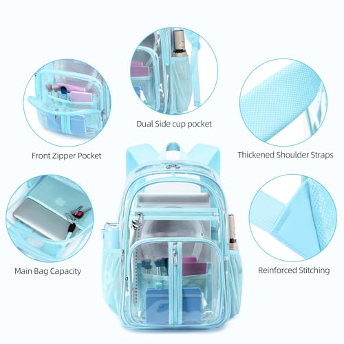 Cusangel XL TPU Clear Backpack Heavy Duty for Stadiums,18in School Bookbag Teens 15Ages+ boys Girls and Adults Multi-Pocket Design & Reinforced Stitching(Aqua-18inch) - color: Aqua-18inch
