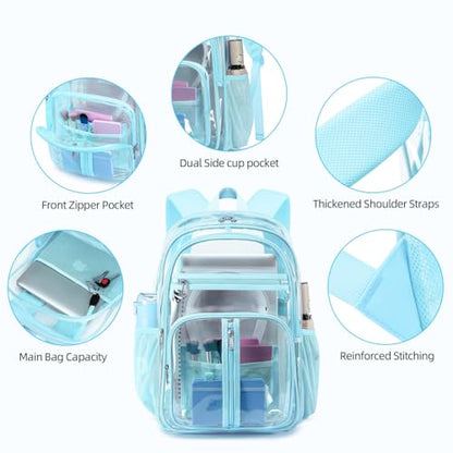 Cusangel XL TPU Clear Backpack Heavy Duty for Stadiums,18in School Bookbag Teens 15Ages+ boys Girls and Adults Multi-Pocket Design & Reinforced Stitching(Aqua-18inch) - color: Aqua-18inch