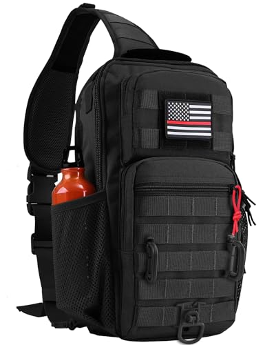 Rover Sling Pack Tactical Shoulder Sling Bag Backpack with Bottle Holder Crossbody Chest Bag, Black with Red Rope/Patch - color: Black With Red