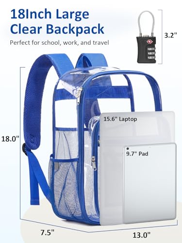 Extra Large Clear Backpack with TSA Lock, Heavy Duty Transparent See Through Clear Bookbag for College, Work, Travel, Casual Sport, Blue - color: Blue