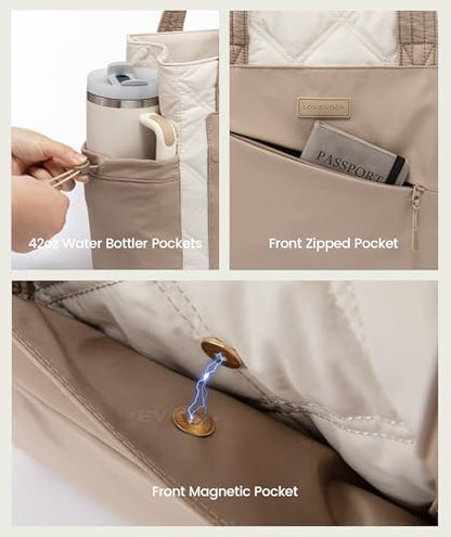 LOVEVOOK Tote Bag for Women, puffer tote bag for Work Travel Nurse, Lightweight quilted Bags with Compartments - color: M-15.6 Inch-cream-khaki