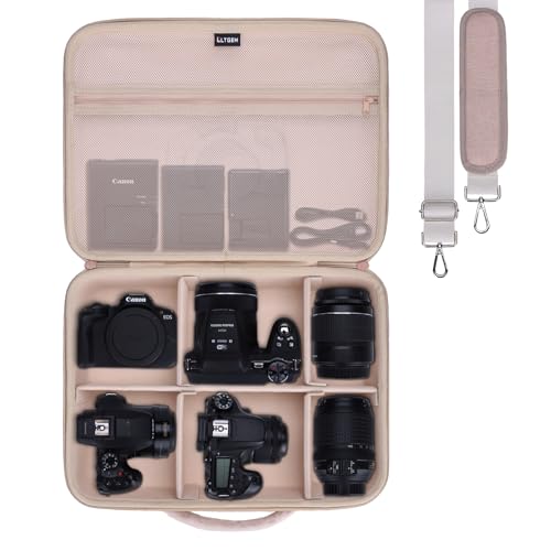L LTGEM Large Camera Case Compatible with Canon/Sony/Nikon DSLR Mirrorless Camera and Multiple Lens, Hard Travel Carrying Case with 5 Dividers and Shoulder Strap, Beige - color: Beige, size: Large