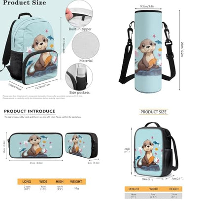 JEOCODY Cute Sea Otter Backpack for Girls Kids School Bag with Lunch Bag Pencil Case and Water Bottle Holder Casual Daypack for Travel Hiking, Back to School Accessories - color: Blue Sea Otter