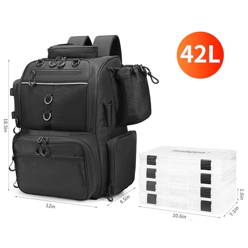 Rabjen Fishing Tackle Backpack with Rod Holders, Bottle Holder, Storage Bag Store Fishing Gear - color: Black