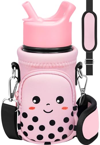 Miss Adola Water Bottle Carrier with Strap - Insulated Kids Water Bottle Holder for Boys Girls Bottle Bag for 10-18Oz - color: Milk Tea