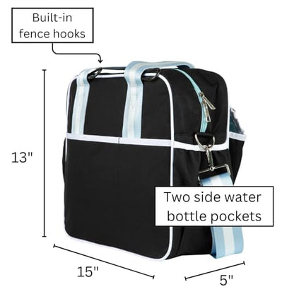Cute Prepster Pickleball Bag for Women with Fence Hook, Tote with Pockets for Water Bottle, Paddles, Balls, Accessories - color: Black