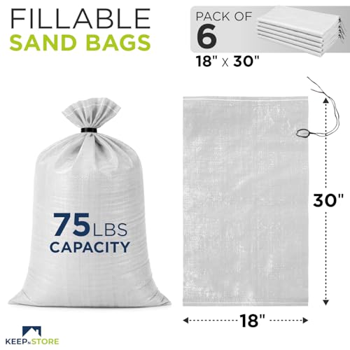Heavy Duty Sand Bags Pack of 6, White Empty Sandbags with Built-In Ties, Woven Polypropylene UV Protection 1600 Hours, Fillable Bags for Flood Control, Weight, 18x30 inches, 75 Pounds Volume - size: 18"W x 30"L, style: Pack of 6