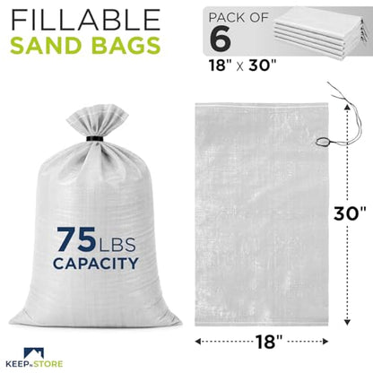 Heavy Duty Sand Bags Pack of 6, White Empty Sandbags with Built-In Ties, Woven Polypropylene UV Protection 1600 Hours, Fillable Bags for Flood Control, Weight, 18x30 inches, 75 Pounds Volume - size: 18"W x 30"L, style: Pack of 6