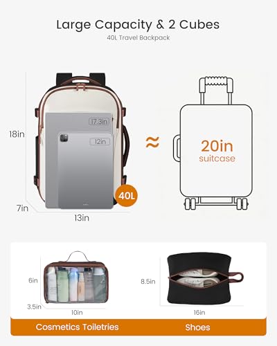 LOVEVOOK 40L Travel Backpack for Women, Airline Approved Carry On Backpack with 2 Packing Cubes, Waterproof Personal Item Bag Fits 17" Laptop, TSA Traveling Essentials Weekender Overnight Backpack - color: White & Brown & Black, size: 40L-3PCS