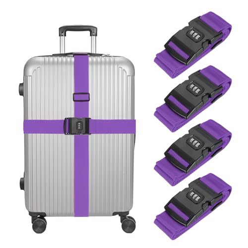 MECCANIXITY Luggage Straps with Combination Lock Adjustable Suitcase Belt Strap for Suitcase Briefcase Backpack Travel, Purple, Pack of 4 - color: Purple