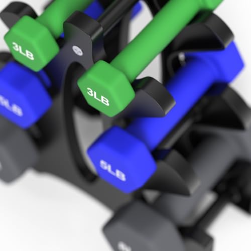 Portzon Weights Dumbbells Set 3, 5, 8, and 10 Pound Neoprene Dumbbell Free Hand Weight Set with Rack, Ideal for Home Exercises, 32 LB, Anti-Slip, Anti-roll, Hex Shape - color: Dark Green+Dark Blue+Black