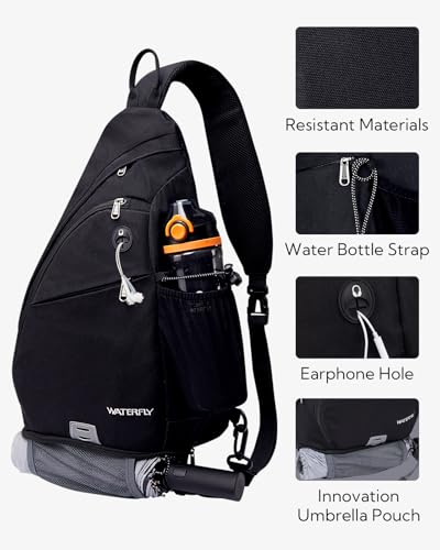WATERFLY Sling Bag Sling Backpack Small Crossbody Shoulder Bag for Men Women Traveling Cycling Hiking Daypack - color: Black