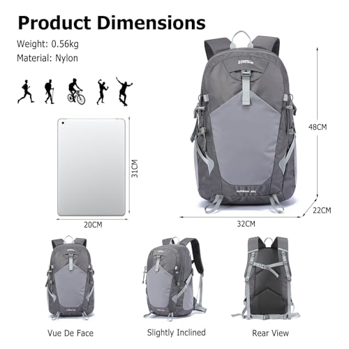 35L Hiking Backpack Waterproof Rucksack Large Lightweight Daypack with Reflective Strip Durable Nylon Backpack for Women Men Camping Climbing Travel Outdoor Sports Dark Grey - color: Dark Grey