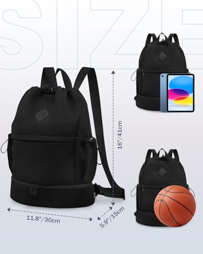RHDZO Drawstring Backpack Sports Gym Bag with Shoe Compartment and Wet Pocket String Swim Bag for Women Men Beach Backpack, Black - color: Black