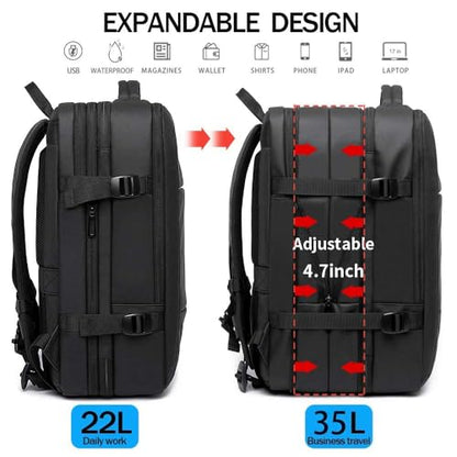 BANGE 35L Travel Backpacks,Weekender Expandable Carry-On Backpack for Airplanes, Waterproof 17.3 inch Laptop Backpack for Men and Women - size: black-35l