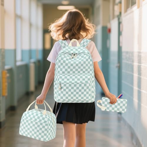 Bluboon School Backpack Set Girls Womens Laptop Bookbag Casual Daypack Fits 15 inch Laptop with Lunch Tote Bag and Pencil Bag - color: Mint Green White Checkered