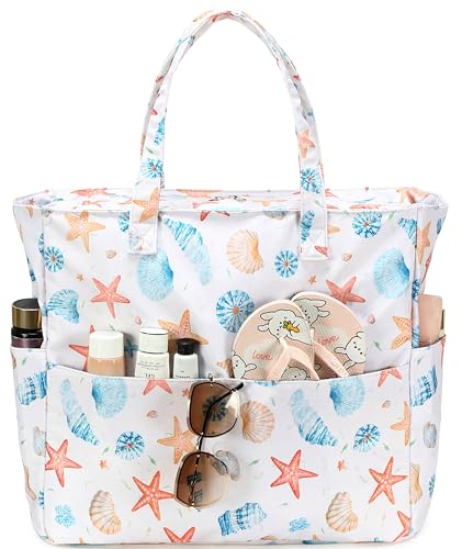LEDAOU Beach Bag Waterproof Sandproof Women Beach Tote Pool Bag with Zipper for Swim Gym Grocery Travel with Wet Pocket | Sandproof - color: Starfish Shell