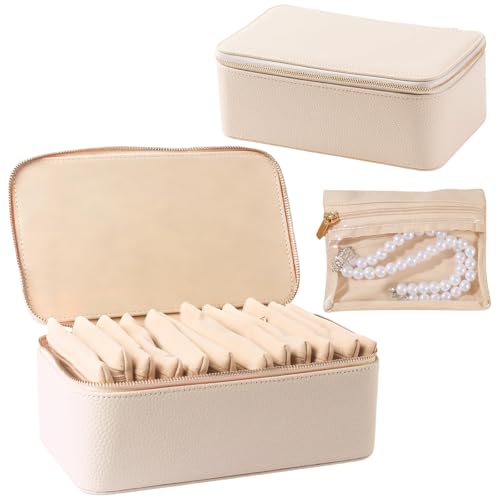 Travel Jewelry Organizer, Travel Jewelry Box with 12 Velvet Zipped Pouches Bags for Jewelries Necklaces Rings Earrings Sorting Storage for Women Girl Gifts, Ivory - color: Ivory - 12 Pouch
