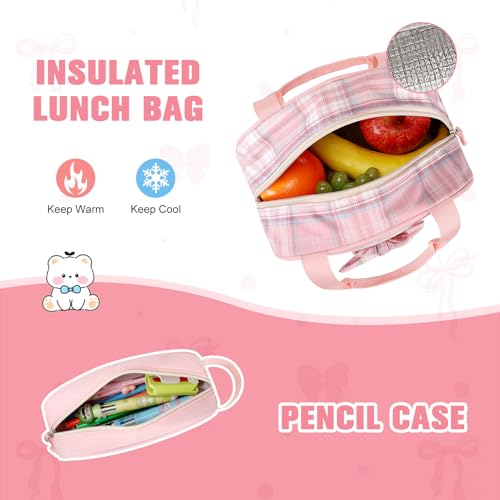 Bevalsa Backpack for Girls, Bow Plaid Bookpack with 14oz Insulated Water Bottle, Lunch Bag & Pen Case, Schoolbag for Kids & BPA-FREE Stainless Steel Metal Cup for Elementary Middle Student (Pink) - color: Pink Plaid