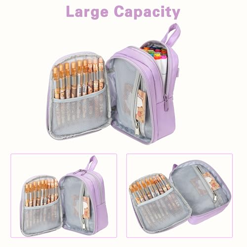 Large Capacity Kids Backpack Pencil Case Pen Bag with Clear Pocket, Cute Kawaii Pen Pouch Organizer with Adjustable Strap & Plush Doll Keychain for School Girls Boys (Purple) - color: Purple