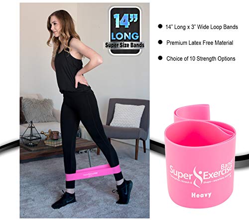 USA 14" x 3" Extra Long Latex Free Mini Loop Bands in 3, 5, 10 Pack Sets. 10 Strengths for Resistance Training, Stretching, Yoga, Toning. Plus an Exclusive iPhone App and E-Book. - color: p. Fuchsia Pink HEAVY Loop Band 5 Pack