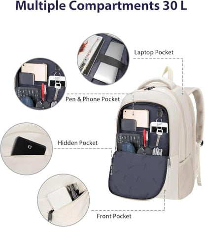 MATEIN Laptop Backpack Women Large Capacity, TSA Travel Backpack with Luggage Strap & Anti Theft Pocket, Water Resistant Teacher College Bookbag Fits 17 Inch Computer, Stylish Beige Work Daypack - color: Beige, size: 17 Inch