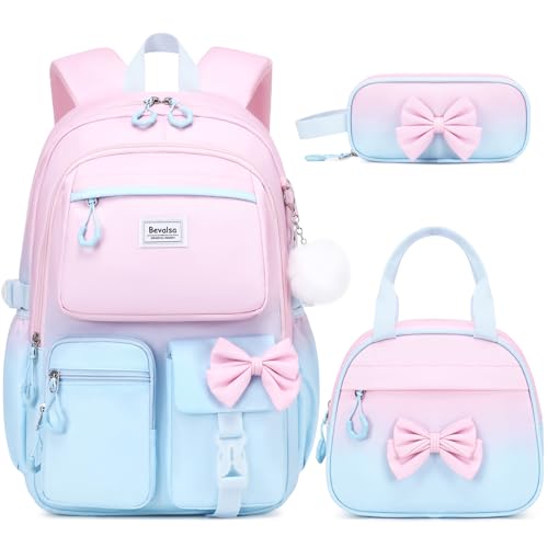 Bevalsa Backpack for Girls, Cute Bow School Bags for Kids with Lunch Bag & Pen Case, Bookbag for Girls Children Teens Elementary Middle Student, Back to School Gift with USB Charging Port - color: Pink-blue