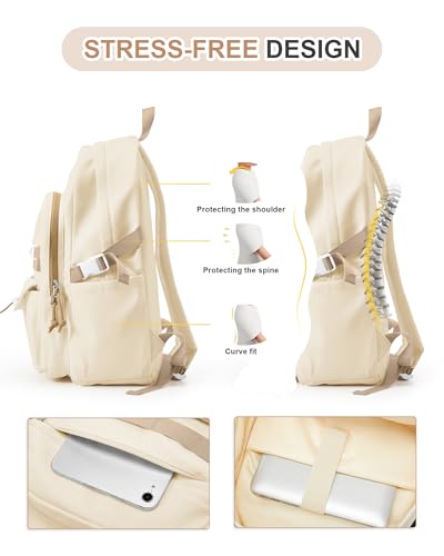 Aesthetic School Backpack for Women Men College Backpack With Lots Of Pockets Waterproof Travel Casual Daypack Cute Bookbag For Teens Girls Boys High School Bag(Beige) - color: B4-beige
