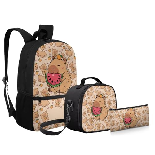3 PCS Cartooon Capybara Backpacks for School Kid Girl's School Backpack Bookbag with Reusable Lunch Box Pencil Case Pouch Large 17 Inch Travel Daypack Set - color: Capybara