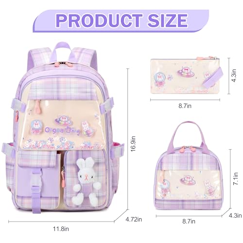 FIXITOK Girls Backpack Set, 3PCS Kids Backpack for Girls, Kawaii Bunny School Backpacks for Girl Kindergarten Elementary Preschool Middle School Bags with Lunch Box Pencil Case Purple-Plaid - color: Purple-plaid