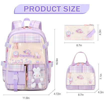 FIXITOK Girls Backpack Set, 3PCS Kids Backpack for Girls, Kawaii Bunny School Backpacks for Girl Kindergarten Elementary Preschool Middle School Bags with Lunch Box Pencil Case Purple-Plaid - color: Purple-plaid