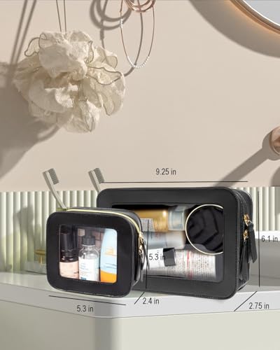 2 Pcs Clear Makup Bag Set, Clear Cosmetic Bags with Zipper Waterproof Small Travel Cosmetic Case Cute Make Up Pouch Mini Car Essentials for Women Travel Car Organizer - color: Mini+Large Black