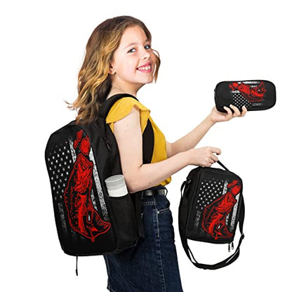 Giwawa Bass Fishing Lure Teens School Backpack Set American Flag Canvas Girls Boys School Bags Travel Bookbags 3 in 1 - color: Fishing Flag-1
