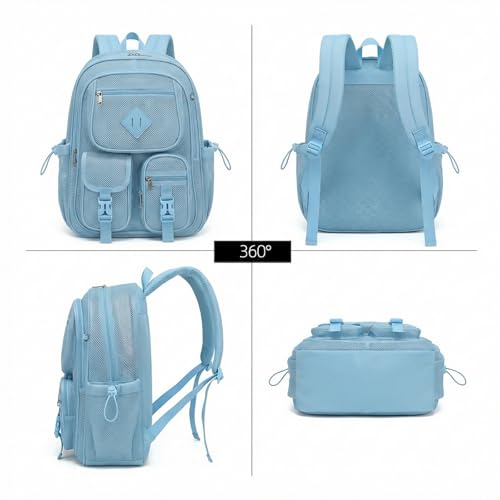 Mesh Backpack for Girls Boys, Women Mesh Bookbags Heavy Duty Semi-Transparent School Bag Net Back Pack for Travel, Beach, Swimming, Work - Baby Blue - color: Baby Blue