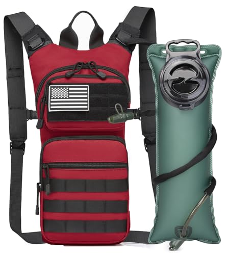 Insulated Water Hydration Pack Bag with 3L TPU Bladder Tactical Molle Hydration Backpack for Hiking Cycling Running - color: Red
