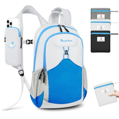 Seektop 15L Small Lightweight Hiking Backpack for Men Women Foldable Packable UltraLight Daypack for Travel Daily Outdoor - color: Blue White