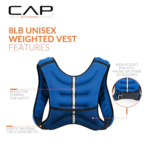 CAP Barbell 8LB Weighted Vest – Unisex Workout Vest with Phone Pouch, Reflective Strips, and Adjustable Fit for Walking, Running, Cardio, and Strength Training | Black or Blue - color: Blue