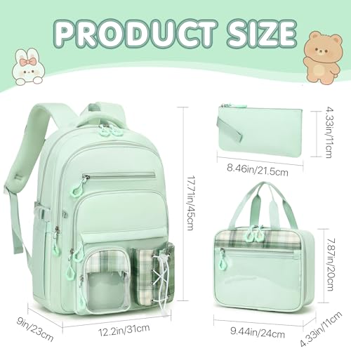 GeeWin Girls Backpack for School with Lunch Box & Pencil Case Set, 17 Inch Stylish Plaid Girls Bookbag with Lots of Pockets for Kids, Teens, Elementary Middle High College School (Light Green) - color: Light Green