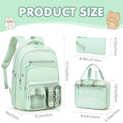 GeeWin Girls Backpack for School with Lunch Box & Pencil Case Set, 17 Inch Stylish Plaid Girls Bookbag with Lots of Pockets for Kids, Teens, Elementary Middle High College School (Light Green) - color: Light Green