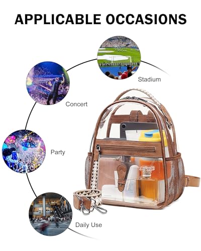FADEON Clear Small Backpack Purse for Women, Designer Transparent Shoulder Handbag, PVC Mini Clear Bag for Stadium Approved - color: 1-brown Retro Style