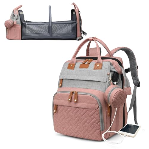 Astro alan Baby Diaper Bags with Changing Station, Waterproof Diaper Bag Backpack for Moms Dads with USB Charging Port, Baby Shower Gifts, Large Capacity diaper backpack, Grey Pink - color: Grey Pink