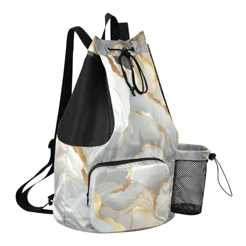 Drawstring Beach Bags Sports Gym Bag With Water Bottle Pocket String Back Pack Wet and Dry Separation Marble White Neutral - color: Color 12