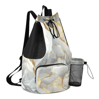 Drawstring Beach Bags Sports Gym Bag With Water Bottle Pocket String Back Pack Wet and Dry Separation Marble White Neutral - color: Color 12
