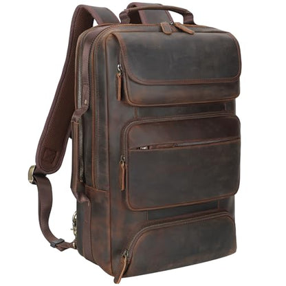 TIDING Full Grain Leather 17.3 Inch Laptop Backpack for Men, Convertible Business Briefcase Weekender Camping Bag Travel Rucksack
